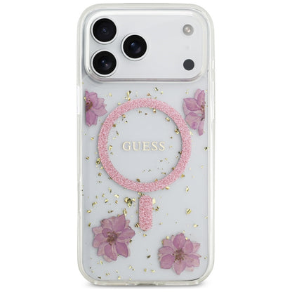 MagSafe hoesje voor Apple iPhone 17 Pro, Guess, Resin Flowers and Glitter, Roze