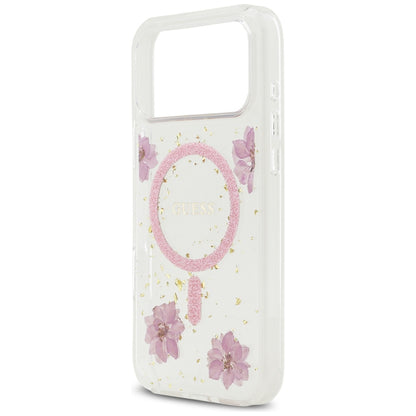 MagSafe hoesje voor Apple iPhone 17 Pro, Guess, Resin Flowers and Glitter, Roze