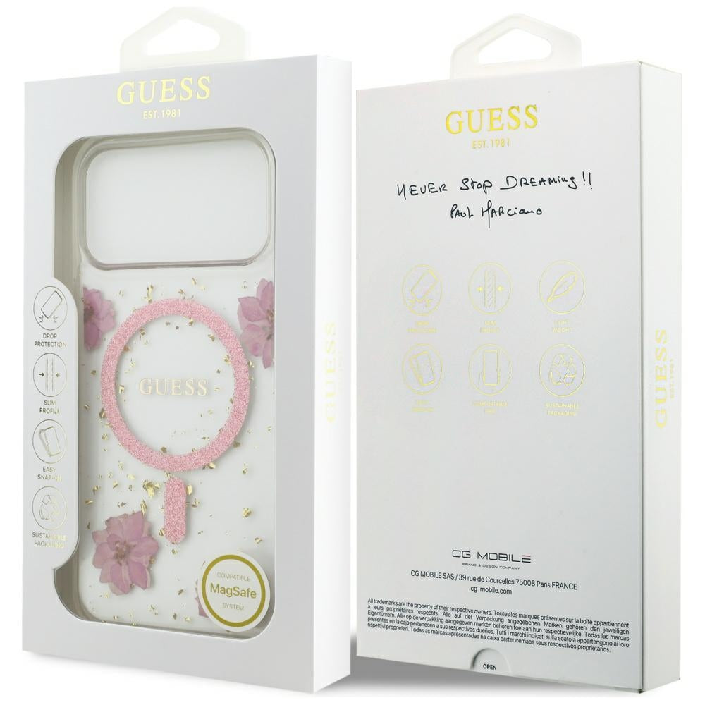 MagSafe hoesje voor Apple iPhone 17 Pro, Guess, Resin Flowers and Glitter, Roze