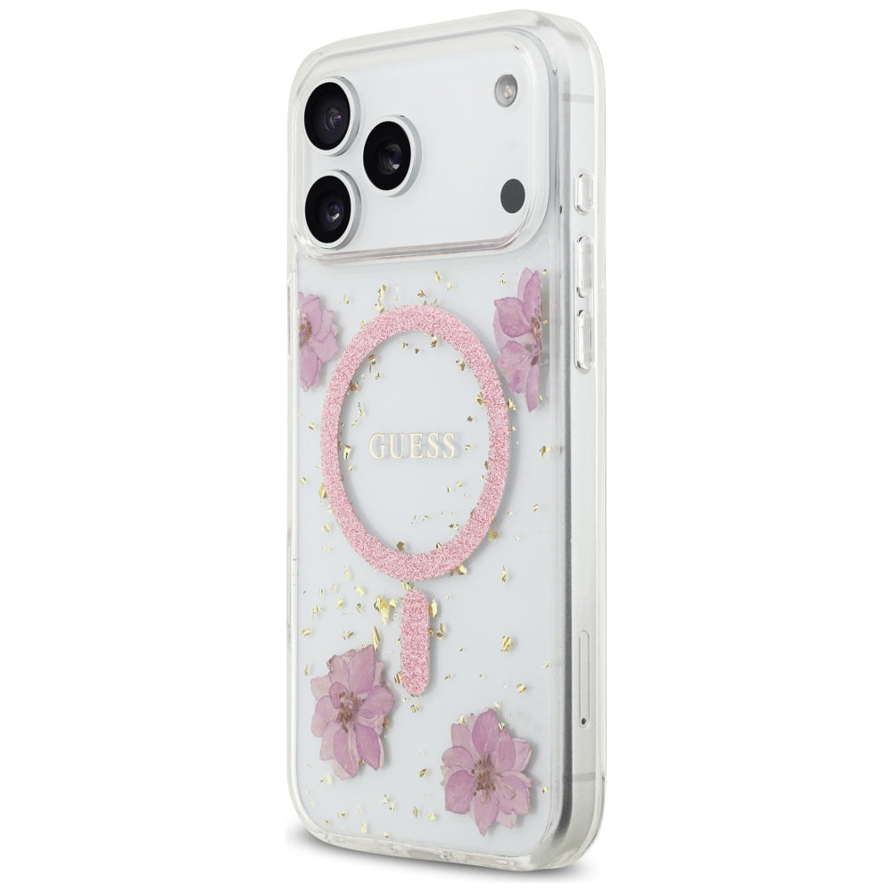 MagSafe hoesje voor Apple iPhone 17 Pro, Guess, Resin Flowers and Glitter, Roze