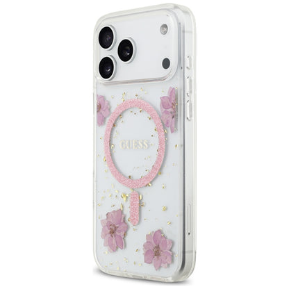 MagSafe hoesje voor Apple iPhone 17 Pro, Guess, Resin Flowers and Glitter, Roze