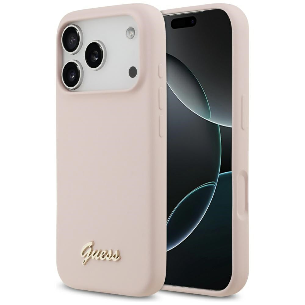 MagSafe hoesje voor Apple iPhone 17 Pro, Guess, Script Metal Logo, Lichtroze