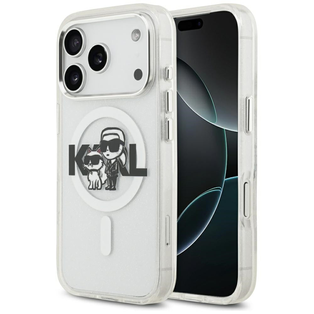 MagSafe hoes voor Apple iPhone 17 Pro, Karl Lagerfeld, IML Sketch Logo Glitter Karl & Choupette, Transparant