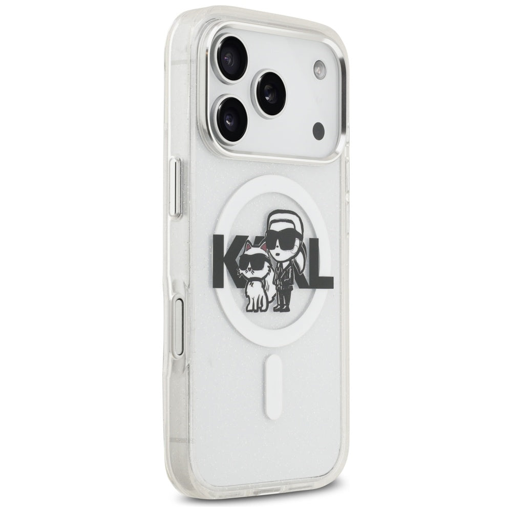 MagSafe hoes voor Apple iPhone 17 Pro, Karl Lagerfeld, IML Sketch Logo Glitter Karl & Choupette, Transparant