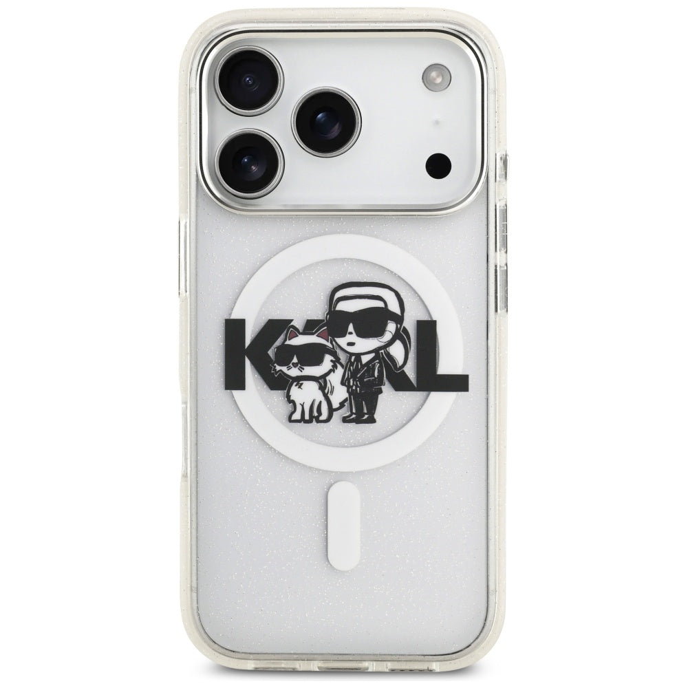 MagSafe hoes voor Apple iPhone 17 Pro, Karl Lagerfeld, IML Sketch Logo Glitter Karl & Choupette, Transparant
