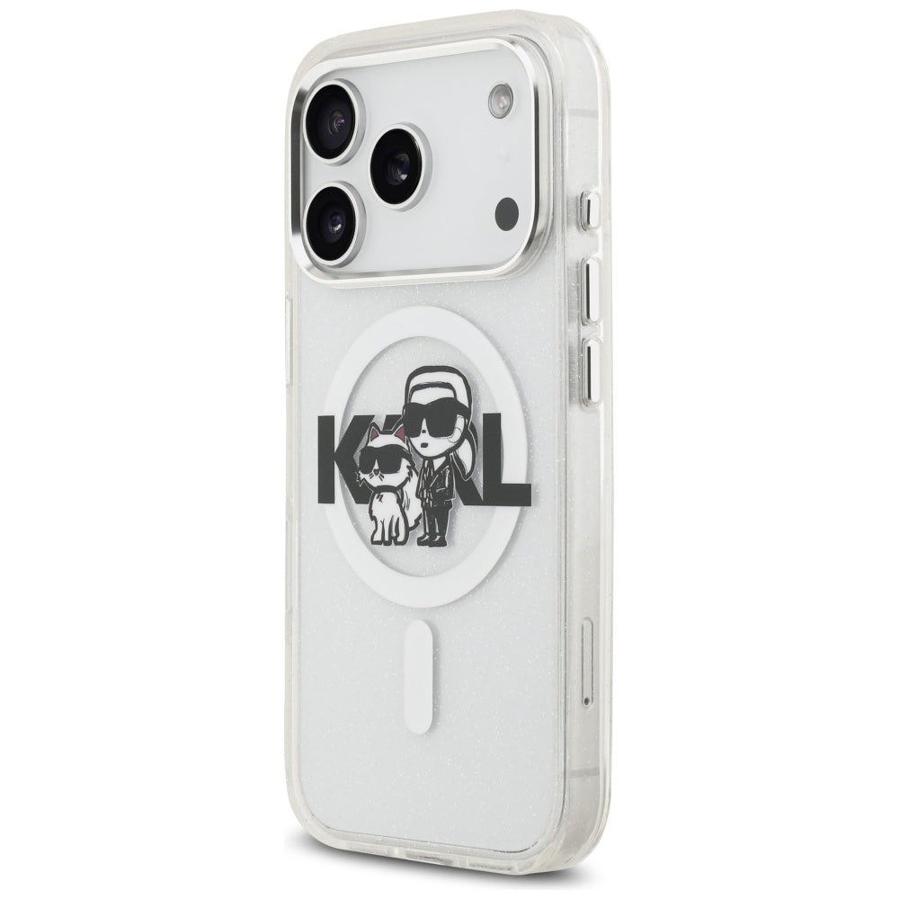 MagSafe hoes voor Apple iPhone 17 Pro, Karl Lagerfeld, IML Sketch Logo Glitter Karl & Choupette, Transparant