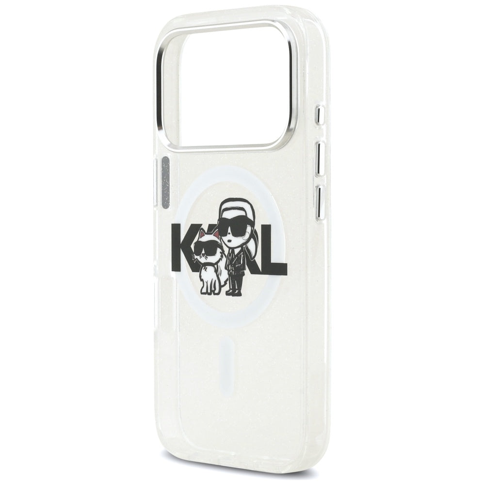 MagSafe hoes voor Apple iPhone 17 Pro, Karl Lagerfeld, IML Sketch Logo Glitter Karl & Choupette, Transparant