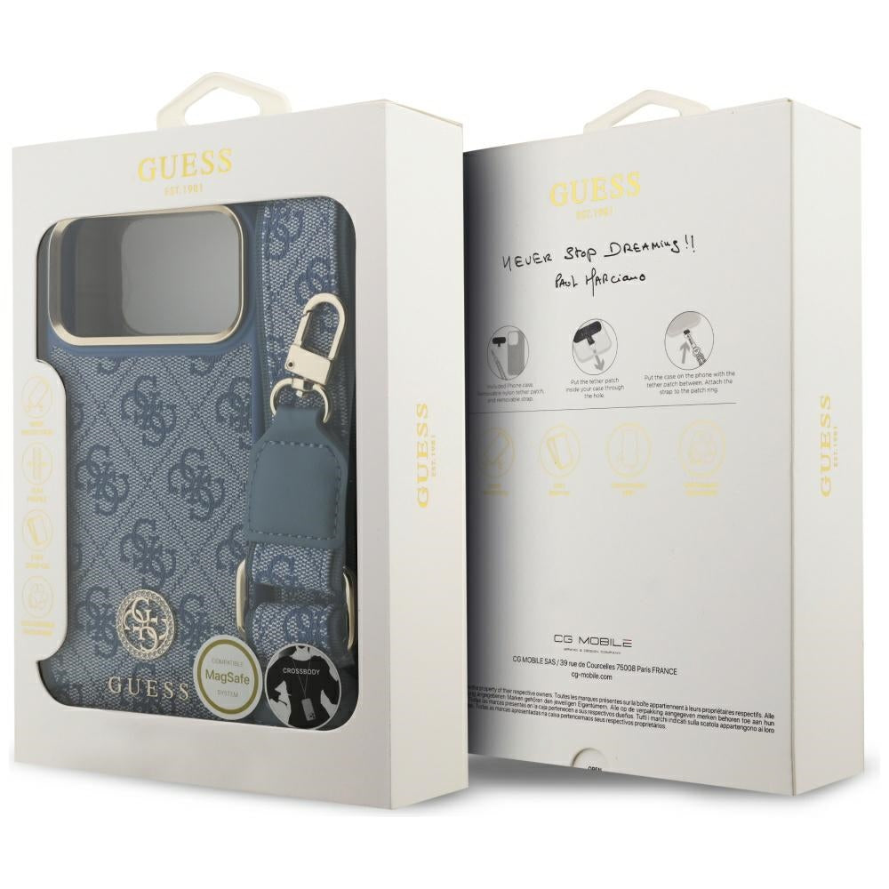 MagSafe Case for Apple iPhone 17 Pro Max, Guess, 4G Strass Logo with Big Strap, Blue
