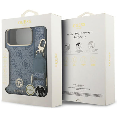 MagSafe Case for Apple iPhone 17 Pro Max, Guess, 4G Strass Logo with Big Strap, Blue