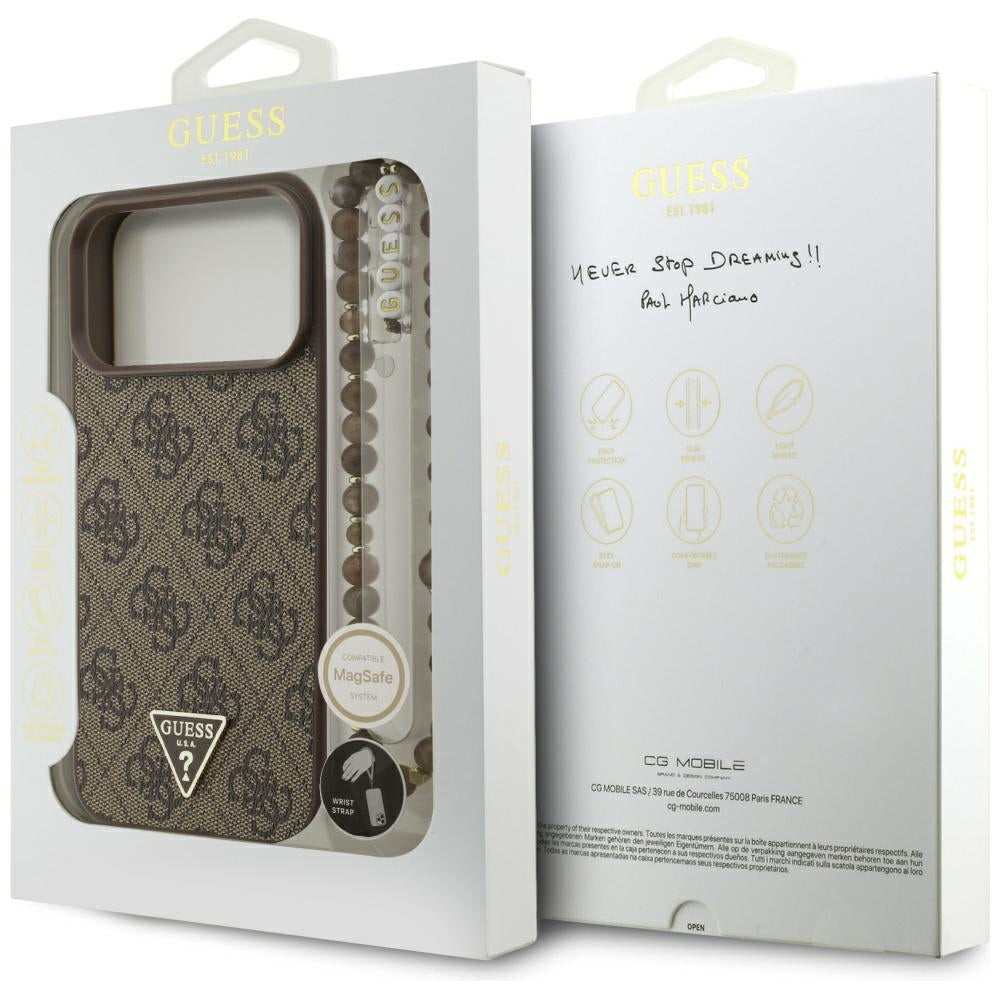 MagSafe hoesje voor Apple iPhone 17 Pro Max, Guess, 4G Triangle Logo Cord Strap, Bruin