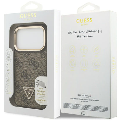 MagSafe hoesje voor Apple iPhone 17 Pro Max, Guess, 4G Triangle Logo met Stand Camera, Goudbruin