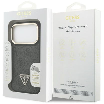 MagSafe hoesje voor Apple iPhone 17 Pro Max, Guess, 4G Triangle Logo met Camera Standaard, Zwart Goud