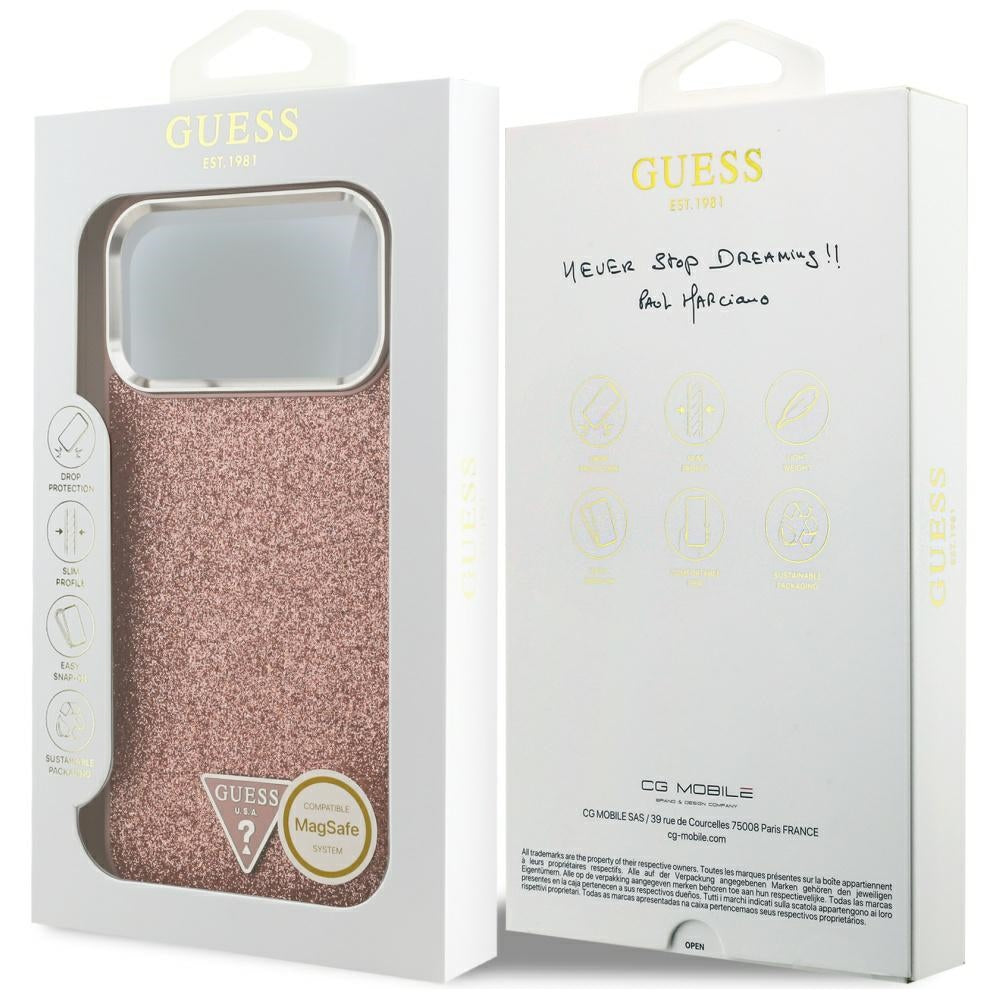 MagSafe hoesje voor Apple iPhone 17 Pro Max, Guess, Glitter Triangle Logo, Roze