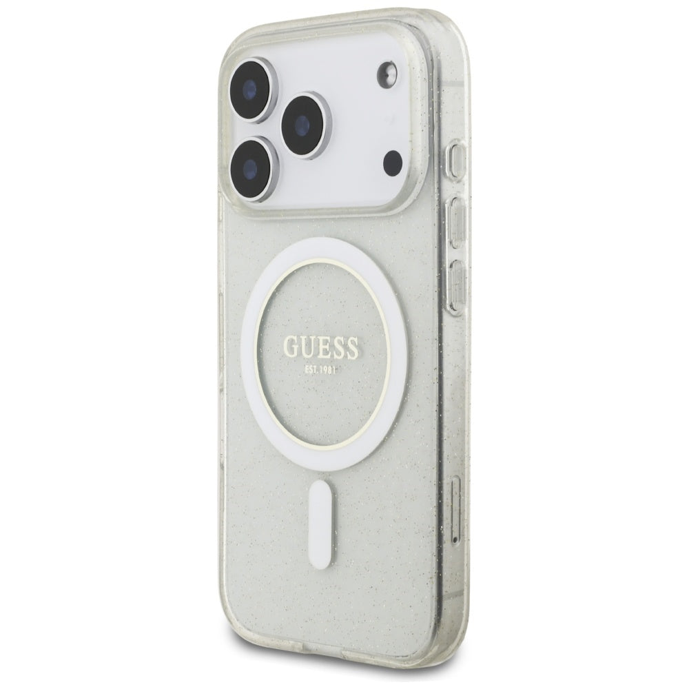 MagSafe hoesje voor Apple iPhone 17 Pro Max, Guess, IML Glitter met Parelband, Transparant