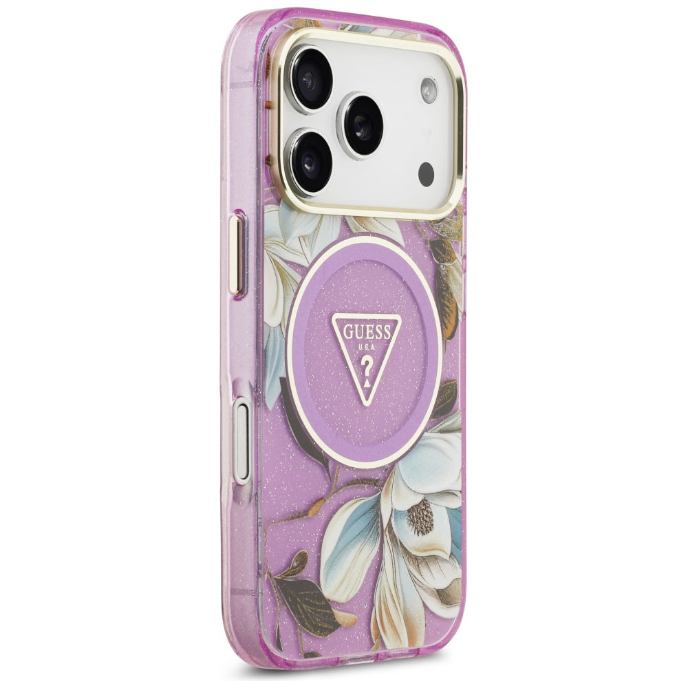 MagSafe Case for Apple iPhone 17 Pro Max, Guess, IML Metal Glitter Flowers Triangle, Purple