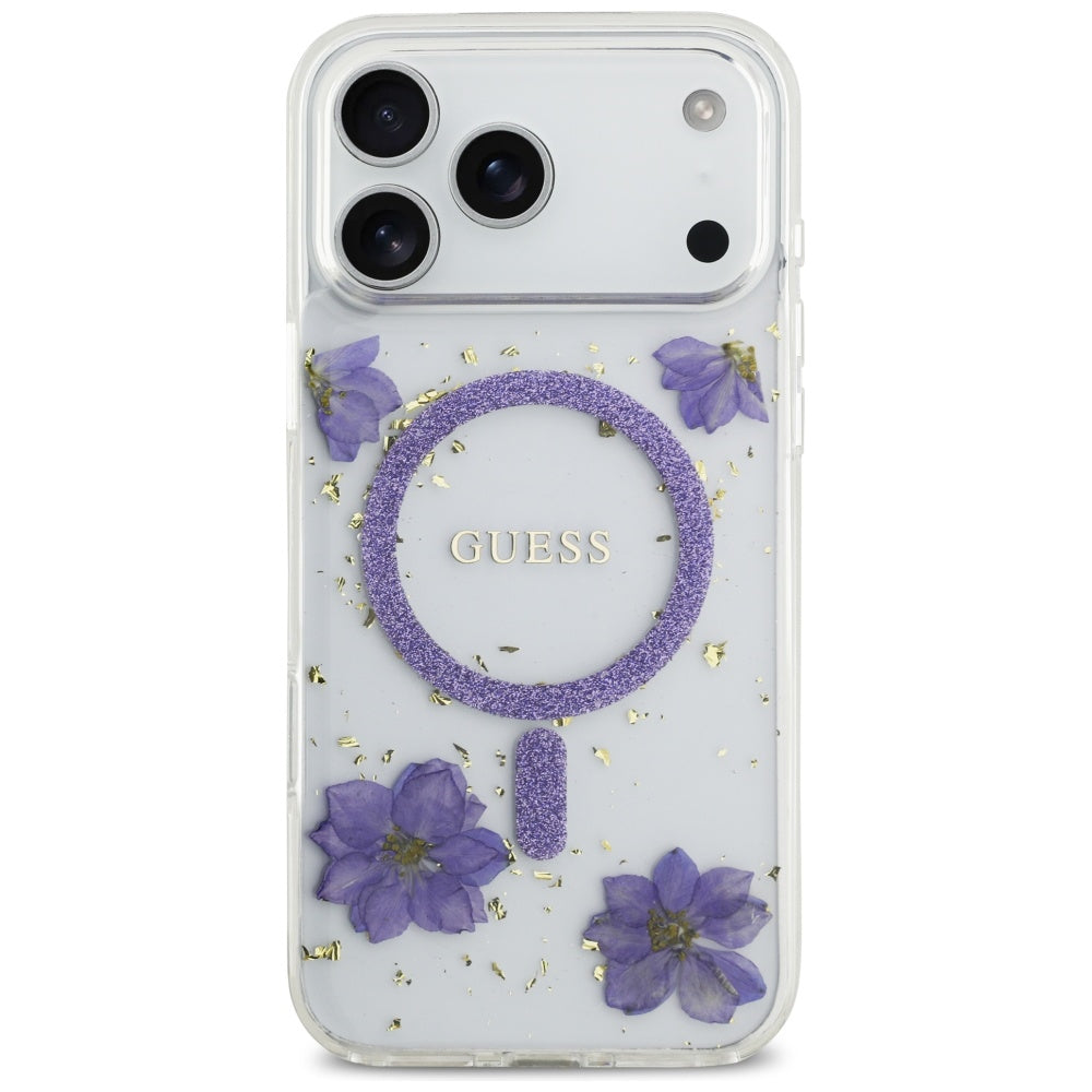 MagSafe hoesje voor Apple iPhone 17 Pro Max, Guess, Resin Flowers and Glitter, Paars