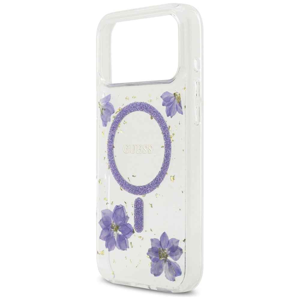 MagSafe hoesje voor Apple iPhone 17 Pro Max, Guess, Resin Flowers and Glitter, Paars