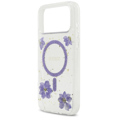 MagSafe hoesje voor Apple iPhone 17 Pro Max, Guess, Resin Flowers and Glitter, Paars