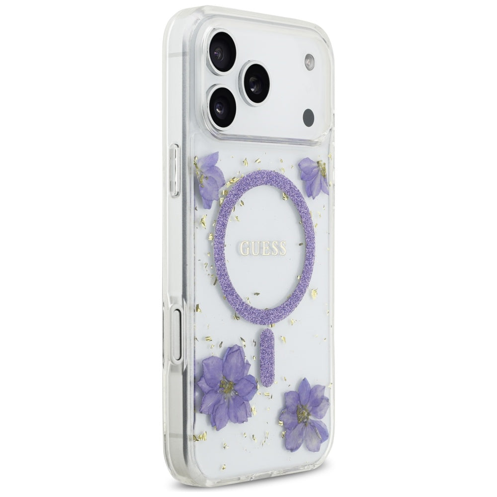 MagSafe hoesje voor Apple iPhone 17 Pro Max, Guess, Resin Flowers and Glitter, Paars