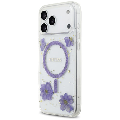 MagSafe hoesje voor Apple iPhone 17 Pro Max, Guess, Resin Flowers and Glitter, Paars