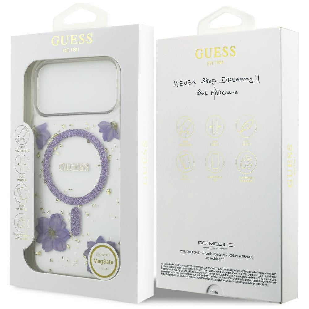 MagSafe hoesje voor Apple iPhone 17 Pro Max, Guess, Resin Flowers and Glitter, Paars