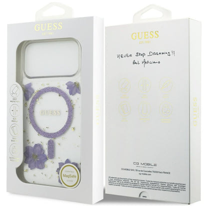 MagSafe hoesje voor Apple iPhone 17 Pro Max, Guess, Resin Flowers and Glitter, Paars