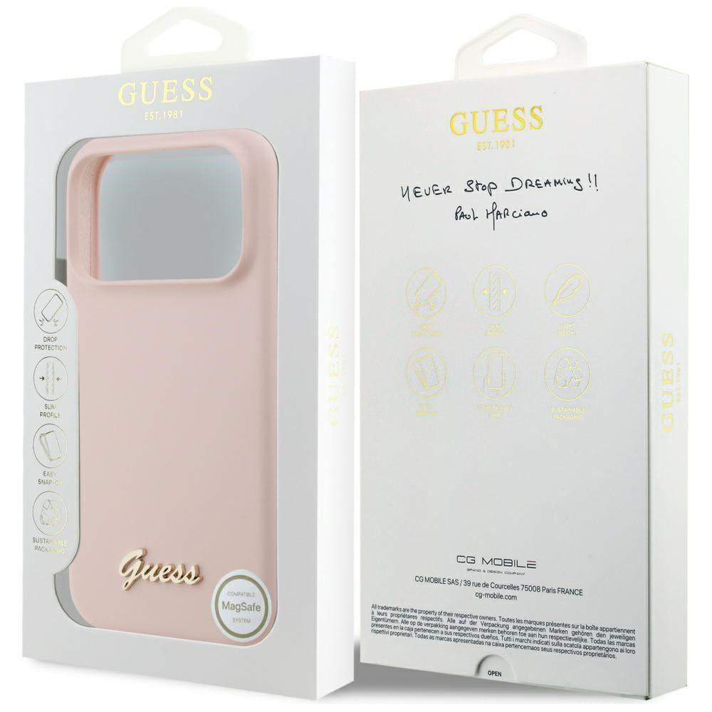 MagSafe hoesje voor Apple iPhone 17 Pro Max, Guess, Script Metal Logo, Lichtroze