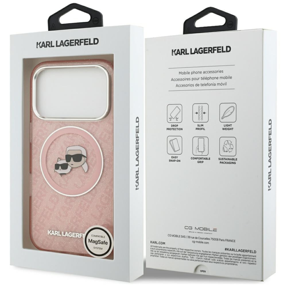 MagSafe hoesje voor Apple iPhone 17 Pro Max, Karl Lagerfeld, Glitter Karl & Choupette Head, Roze