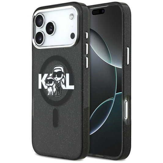 MagSafe hoes voor Apple iPhone 17 Pro Max, Karl Lagerfeld, IML Sketch Logo Glitter Karl & Choupette, Zwart
