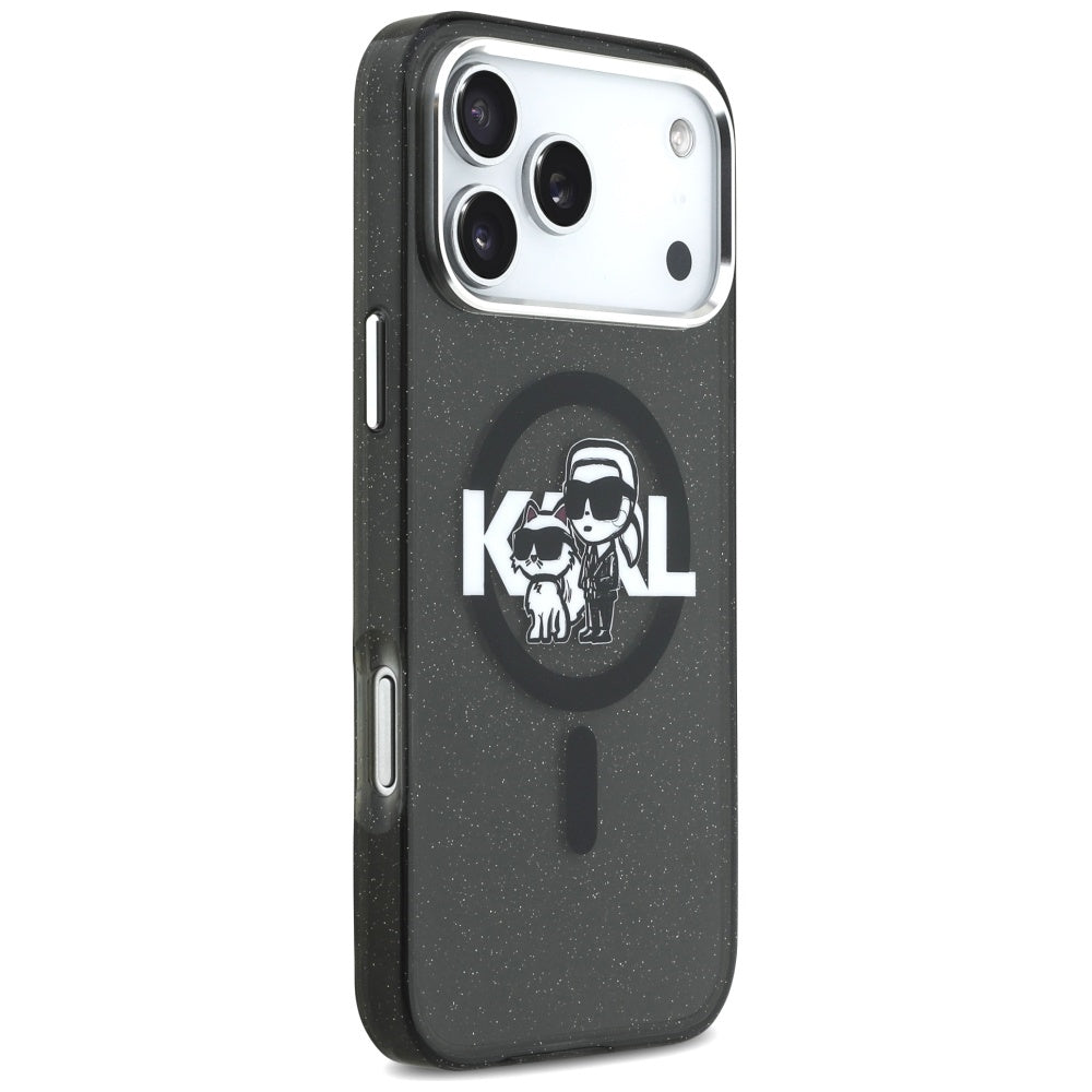MagSafe hoes voor Apple iPhone 17 Pro Max, Karl Lagerfeld, IML Sketch Logo Glitter Karl & Choupette, Zwart
