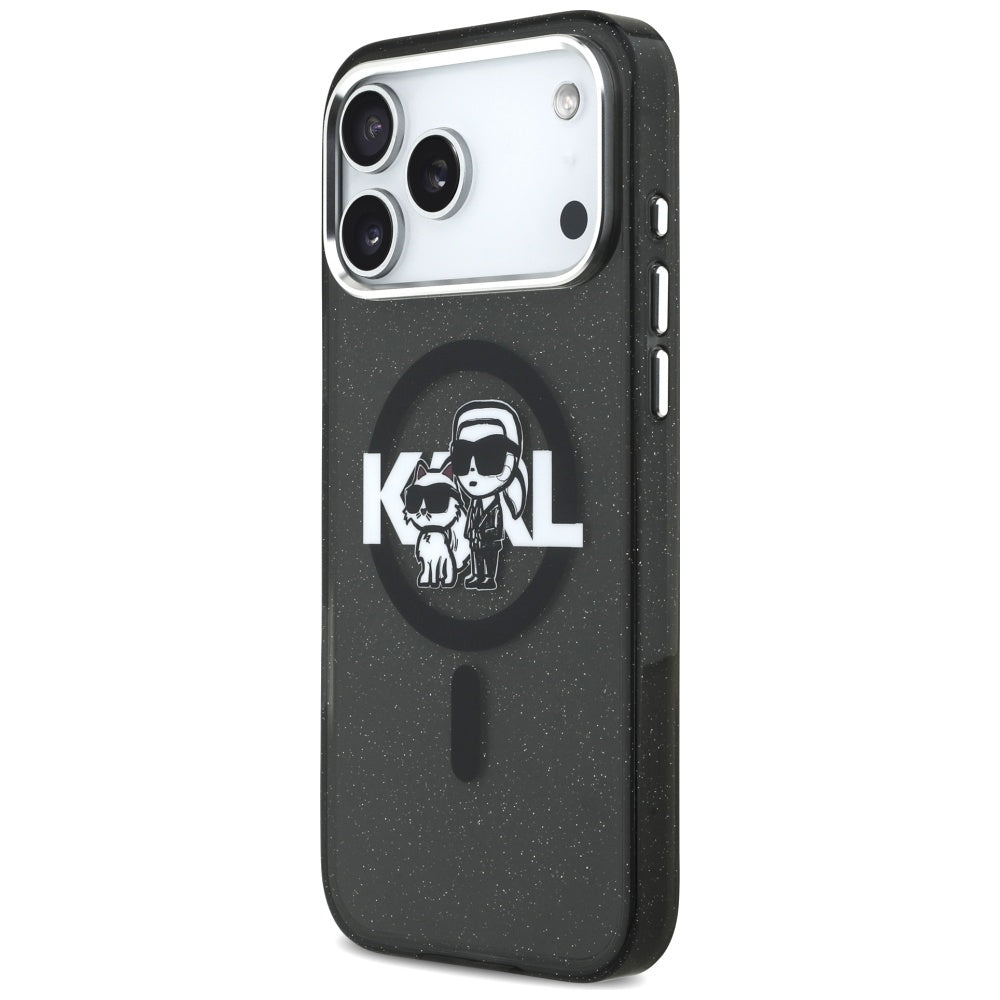 MagSafe hoes voor Apple iPhone 17 Pro Max, Karl Lagerfeld, IML Sketch Logo Glitter Karl & Choupette, Zwart