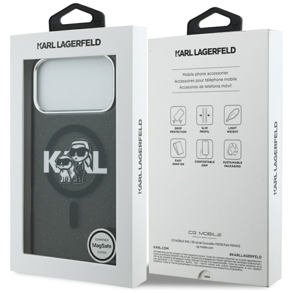 MagSafe hoes voor Apple iPhone 17 Pro Max, Karl Lagerfeld, IML Sketch Logo Glitter Karl & Choupette, Zwart