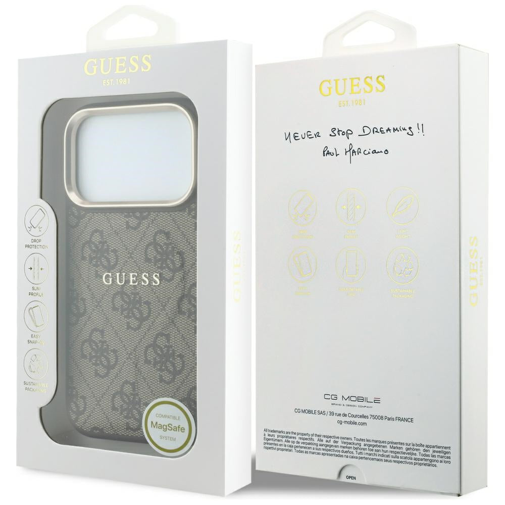 MagSafe-hoesje voor Apple iPhone 18 Pro / 17 Pro, Guess, 4G Embossed Classic, Bruin