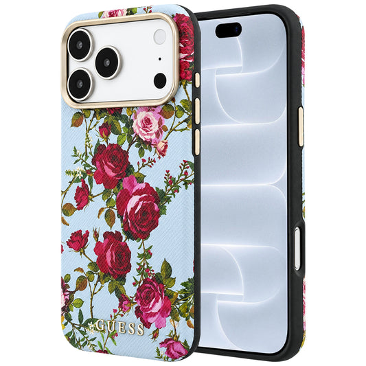 MagSafe-hoesje voor Apple iPhone 18 Pro / 17 Pro, Guess, Blossom Roses Print, blauw