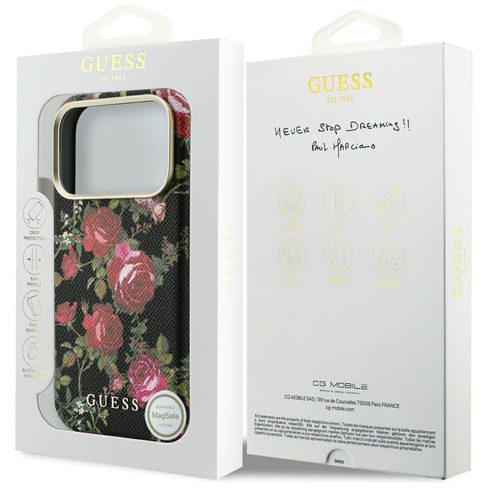 MagSafe-hoesje voor Apple iPhone 18 Pro / 17 Pro, Guess, Blossom Roses Print, zwart