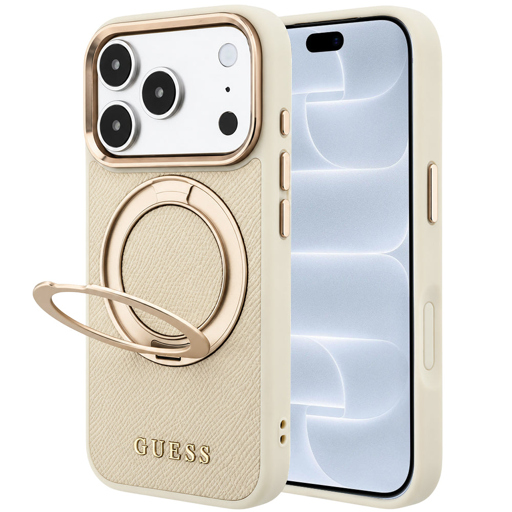 MagSafe-hoesje voor Apple iPhone 18 Pro / 17 Pro, Guess, Grained Ring Stand 360 Classic, Beige