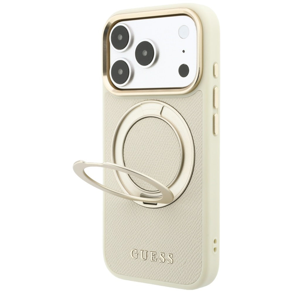 MagSafe-hoesje voor Apple iPhone 18 Pro / 17 Pro, Guess, Grained Ring Stand 360 Classic, Beige