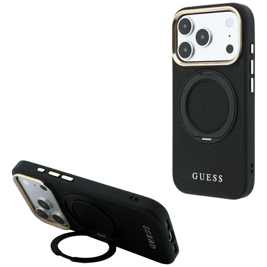 MagSafe-hoesje voor Apple iPhone 18 Pro / 17 Pro, Guess, Grained Ring Stand 360 Classic, zwart