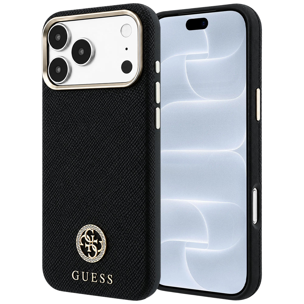 MagSafe-hoesje voor Apple iPhone 18 Pro / 17 Pro, Guess, Gegranuleerd Rond Strass-logo, Zwart