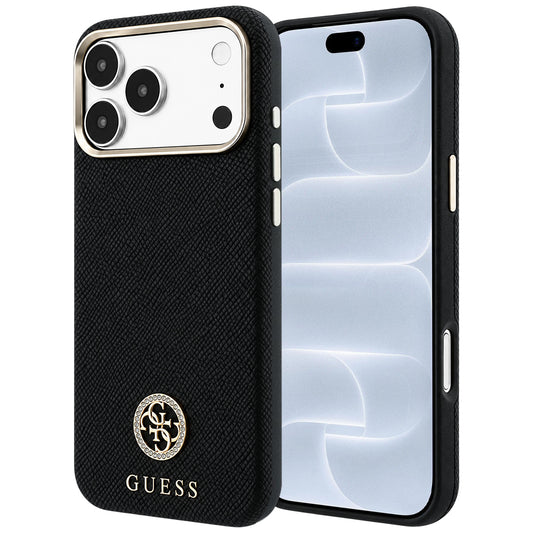 MagSafe-hoesje voor Apple iPhone 18 Pro / 17 Pro, Guess, Gegranuleerd Rond Strass-logo, Zwart