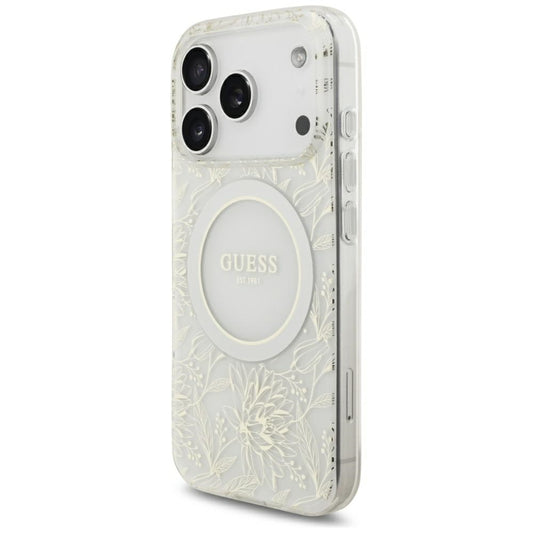 MagSafe-hoes voor Apple iPhone 18 Pro / 17 Pro, Guess, IML Flowers verguld met parelriem, wit