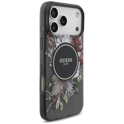 MagSafe-hoesje voor Apple iPhone 18 Pro / 17 Pro, Guess, IML Flowers with Pearl Strap, zwart