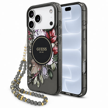 MagSafe-hoesje voor Apple iPhone 18 Pro / 17 Pro, Guess, IML Flowers with Pearl Strap, zwart