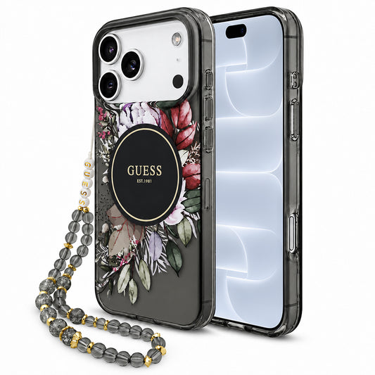 MagSafe Case for Apple iPhone 18 Pro / 17 Pro, Guess, IML Flowers with Pearl Strap, Black