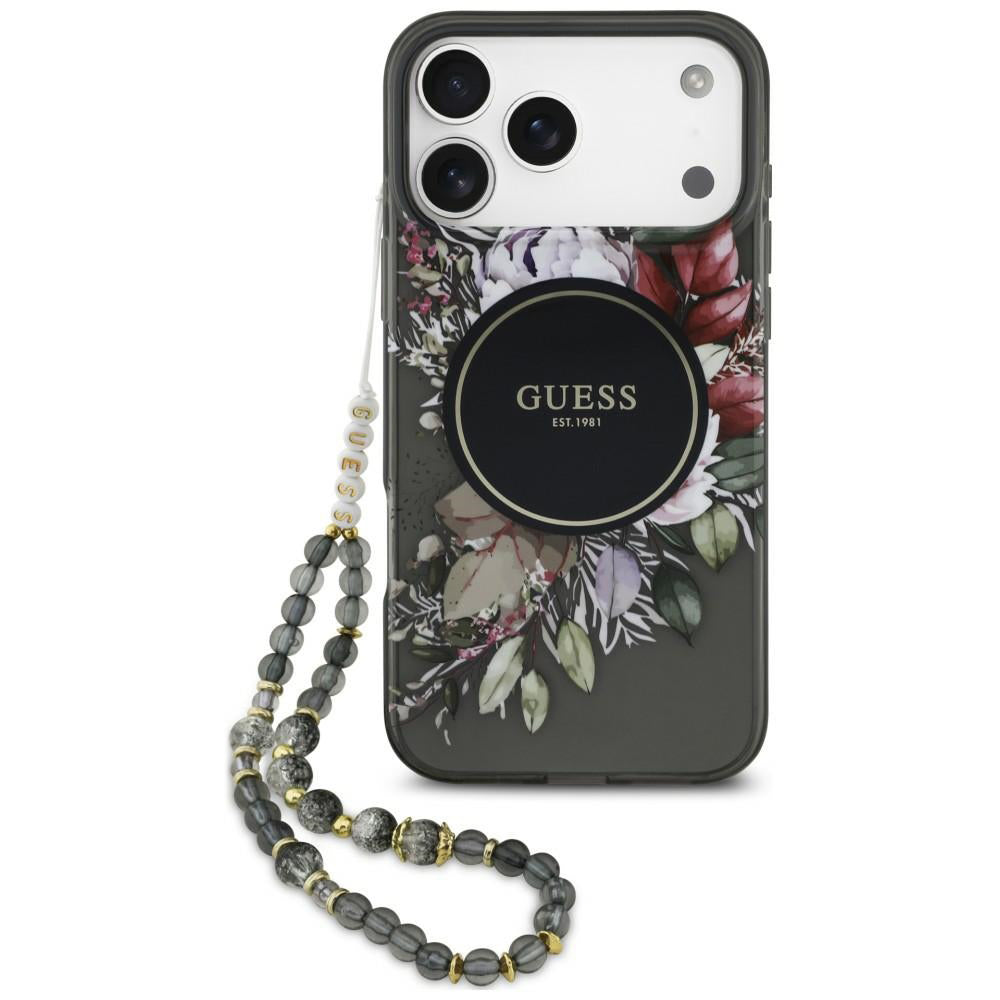 MagSafe-hoesje voor Apple iPhone 18 Pro / 17 Pro, Guess, IML Flowers with Pearl Strap, zwart