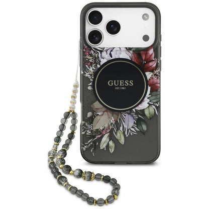 MagSafe-hoesje voor Apple iPhone 18 Pro / 17 Pro, Guess, IML Flowers with Pearl Strap, zwart