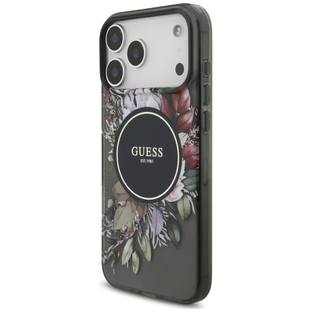 MagSafe-hoesje voor Apple iPhone 18 Pro / 17 Pro, Guess, IML Flowers with Pearl Strap, zwart