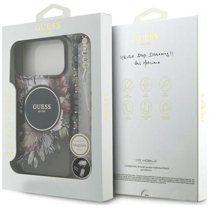 MagSafe-hoesje voor Apple iPhone 18 Pro / 17 Pro, Guess, IML Flowers with Pearl Strap, zwart