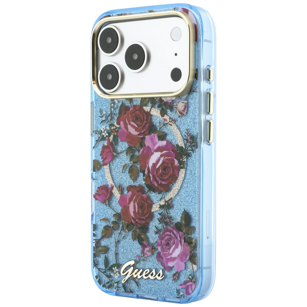 MagSafe-hoes voor Apple iPhone 18 Pro / 17 Pro, Guess, IML Glitter Blossom Roses, Blauw