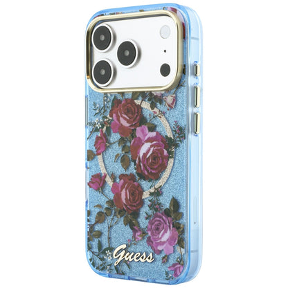 MagSafe-hoes voor Apple iPhone 18 Pro / 17 Pro, Guess, IML Glitter Blossom Roses, Blauw